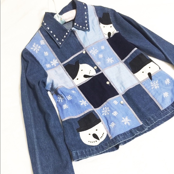 ☃️❄️Rare Winter Snowman Denim Blue Jean Jacket❄️☃️ - Picture 7 of 11